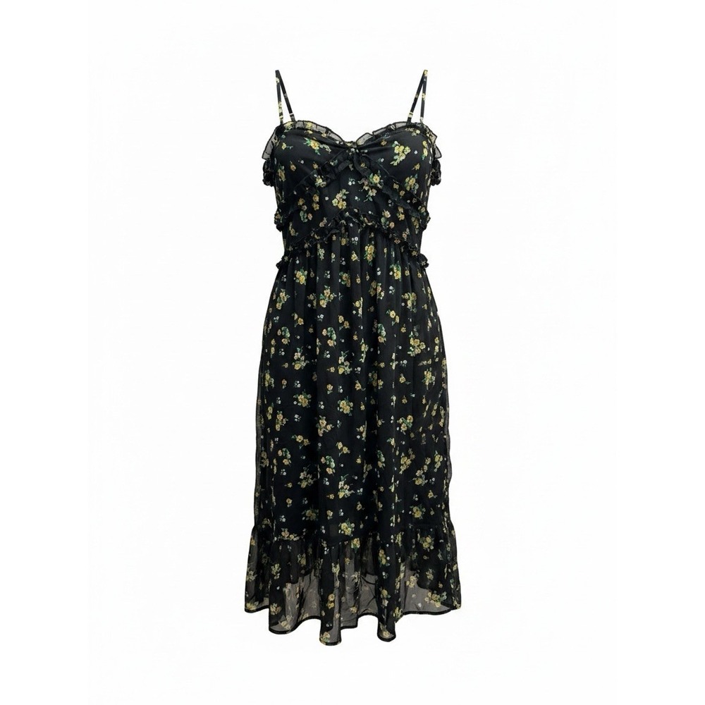 No Boundaries Women's S 3-5 Black Floral Maxi Dress Spaghetti Strap Ruffle Boho